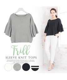 KOBE LETTUCE | 大人可愛いフリルがフェミニン度UP！[コットン100％]サイドスリット★袖フレアスリーブニットトップス[C2211]【入荷済】(トップス)