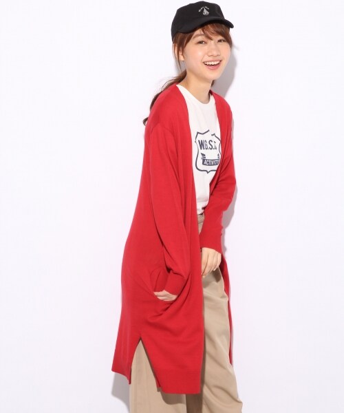 LOWRYS FARM（ローリーズファーム）の「USAロングカーディガン（トップス・オフ/ボーダー/グレー/レッド・M/L）」の3枚目の写真