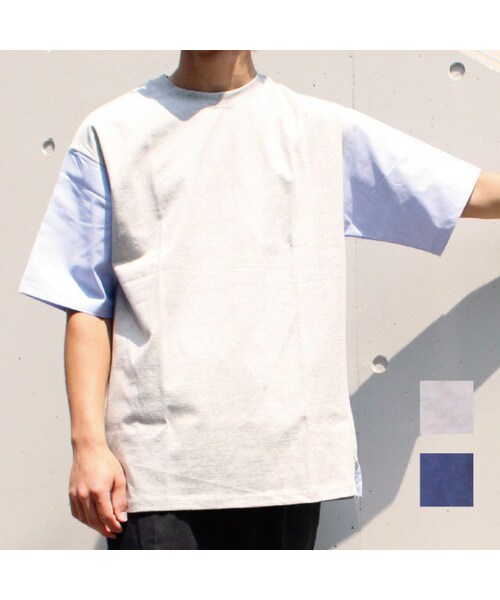 Cuirs(キュイー)の「ストライプシャツ切り替えコットンオーバーTシャツ(Tシャツ/カットソー・メンズ・グレー/ネイビー・フリーサイズ)」の1枚目の写真