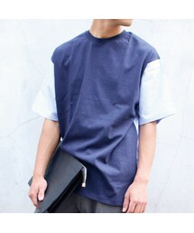 Cuirs | ストライプシャツ切り替えコットンオーバーTシャツ(Tシャツ/カットソー)