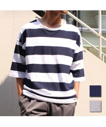 Cuirs | 7分袖パイル地ボーダー柄オーバーTシャツ(Tシャツ/カットソー)
