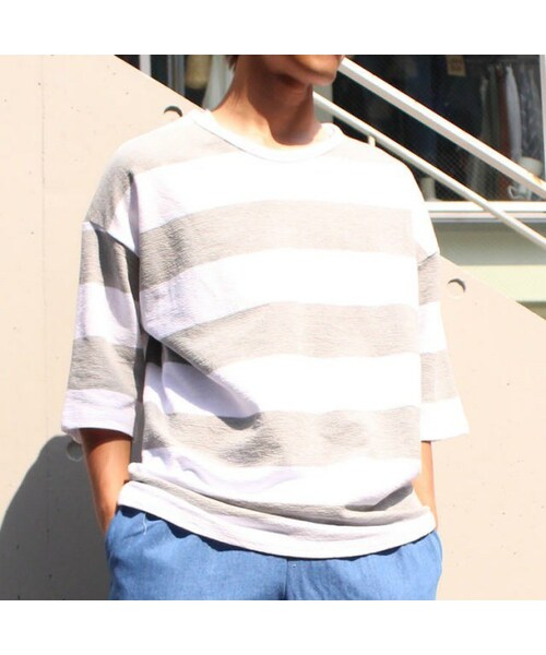 Cuirs(キュイー)の「7分袖パイル地ボーダー柄オーバーTシャツ(Tシャツ/カットソー・メンズ・ネイビー/グレー・フリーサイズ)」の2枚目の写真