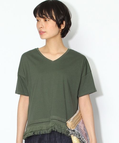 niko and...（ニコアンド）の「30裾レースフリンジTシャツ（トップス・ブラウン/クリーム/グリーン・M/L）」の2枚目の写真