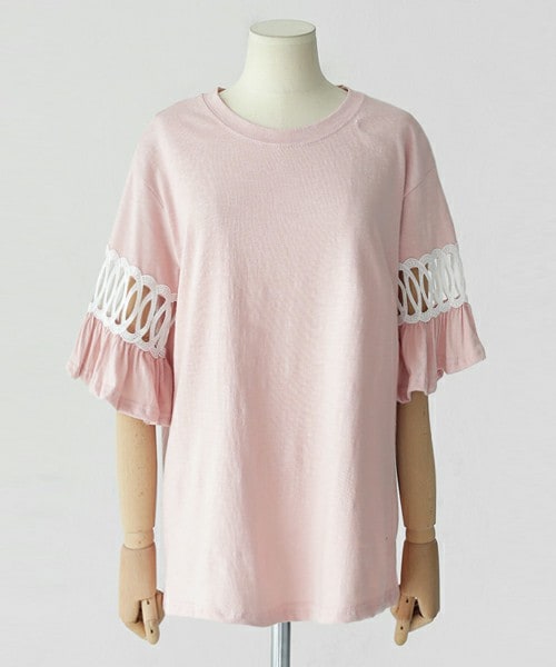 DHOLIC（ディーホリック）の「レースディテールフリルスリーブTシャツ（Tシャツ/カットソー・レディース・アイボリー/サーモンピンク/ライトスカイブルー/グレー・FREE）」の4枚目の写真