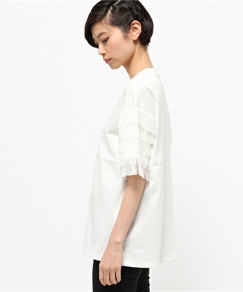 CLANE（クラネ）の「CLANE フリンジスリーブTシャツ（Tシャツ/カットソー・レディース・ホワイト/ブラック・36）」の3枚目の写真