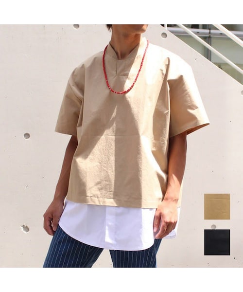 Cuirs(キュイー)の「オリジナルシャツ切り替えプルオーバーカットソー(Tシャツ/カットソー・メンズ・ベージュ/ブラック・フリーサイズ)」の1枚目の写真