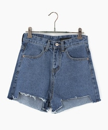DHOLIC | ユニークフレイドヘムハイウエストデニムショートパンツ(デニムパンツ)