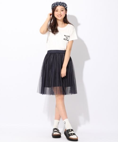 repipi armario（レピピ アルマリオ）の「ストライプ柄＊チュールスカート（スカート・ホワイトストライプ/ネイビーストライプ・XS(140~150cm)/S(150~160cm)/M(160cm~)）」の4枚目の写真
