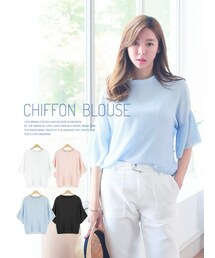 KORMARCH | クルーネックフリルスリーブの涼しげな夏のしわよりシフォン素材で作られたブラウス(シャツ/ブラウス)