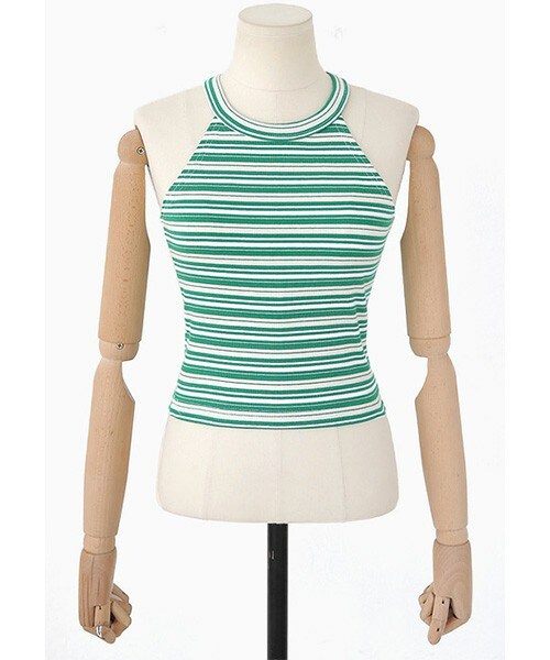 DHOLIC（ディーホリック）の「3TYPEボーダーホルターネックスリーブレス（タンクトップ・レディース・ブラック/グリーントーン/レッドトーン・FREE）」の2枚目の写真