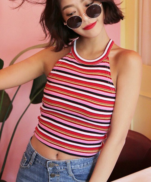 DHOLIC（ディーホリック）の「3TYPEボーダーホルターネックスリーブレス（タンクトップ・レディース・ブラック/グリーントーン/レッドトーン・FREE）」の3枚目の写真