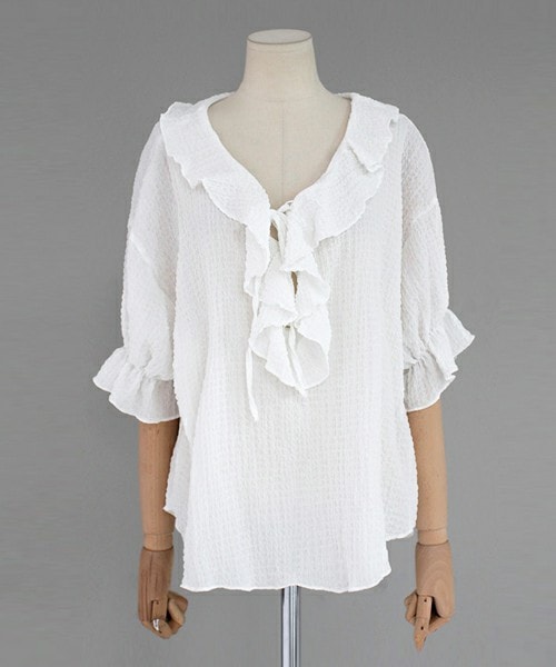 DHOLIC(ディーホリック)の「ラッフルネックリンクルブラウス(シャツ/ブラウス・レディース・ダークネイビー/アイボリー/ピンク・FREE)」の2枚目の写真