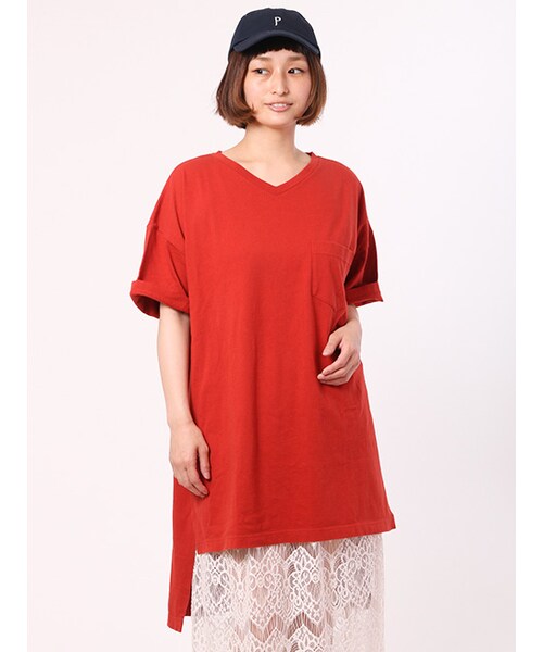 w closet(ダブルクローゼット)の「Vネックポケ付きビッグTシャツ(トップス・レディース・Sグレー/ラベンダー/レンガ/ブラック・FREE)」の5枚目の写真