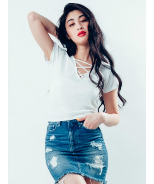 GYDA（ジェイダ）の「2WAYバインダーTシャツ（トップス・レディース・オフホワイト/ブラック/ピンク/ミックス/ダークミックス・F）」の6枚目の写真