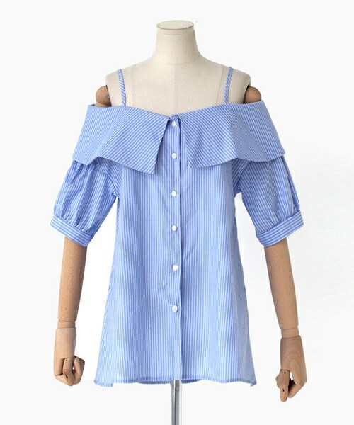 DHOLIC（ディーホリック）の「ビッグカラーストライプオフショルダーブラウス（シャツ/ブラウス・レディース・ネイビー/ディープスカイブルー/ブラック/パープル・FREE）」の3枚目の写真