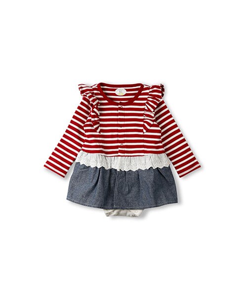 BRANSHES（ブランシェス）の「ボーダー×フリル長袖カバーオール（ロンパース・キッズ・ネイビーブルー/レッド・70-80）」の2枚目の写真