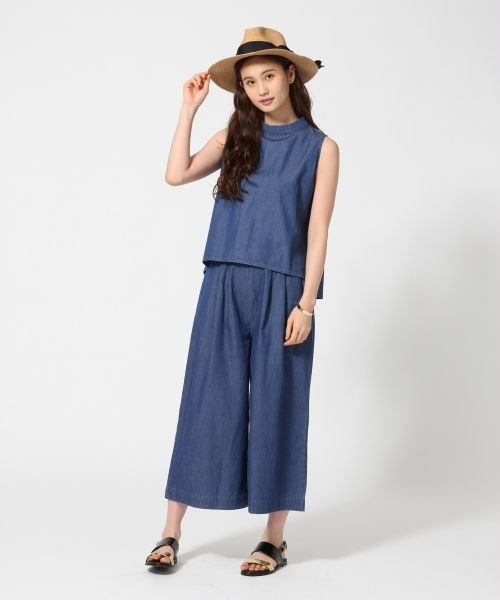 【送料込】セットアップ ブルー デニム パンツ ノースリーブ デニム ノースリーブトップス ワイドパンツ セットアップ ブルー