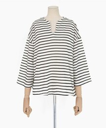 DHOLIC | スリットネックワイドスリーブボーダーTシャツ(Tシャツ/カットソー)