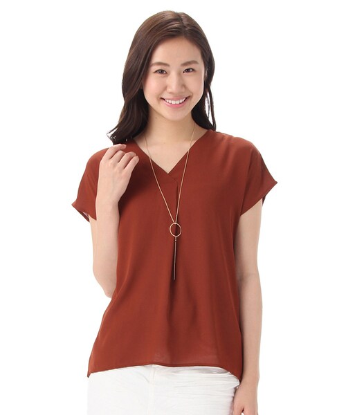 Honeys（ハニーズ）の「Ｖネックフレンチスリーブ（カットソー・Tシャツ・レディース・オフ/コン/レンガ/グリーン/オフストライプ・Ｍ/Ｌ/ＬＬ）」の5枚目の写真