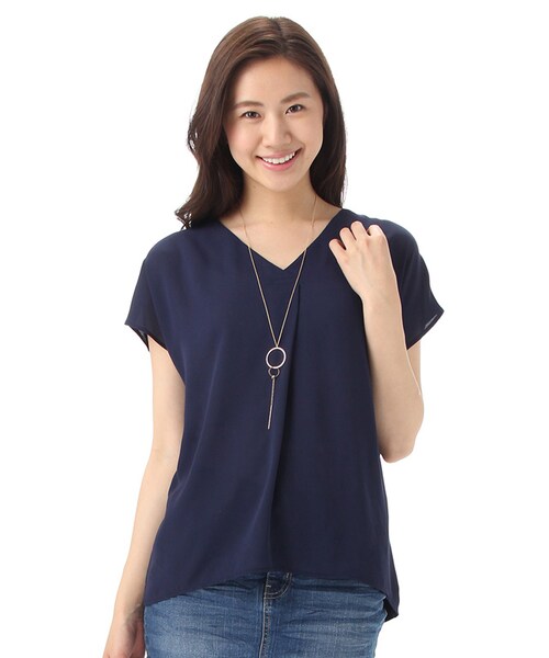 Honeys（ハニーズ）の「Ｖネックフレンチスリーブ（カットソー・Tシャツ・レディース・オフ/コン/レンガ/グリーン/オフストライプ・Ｍ/Ｌ/ＬＬ）」の4枚目の写真