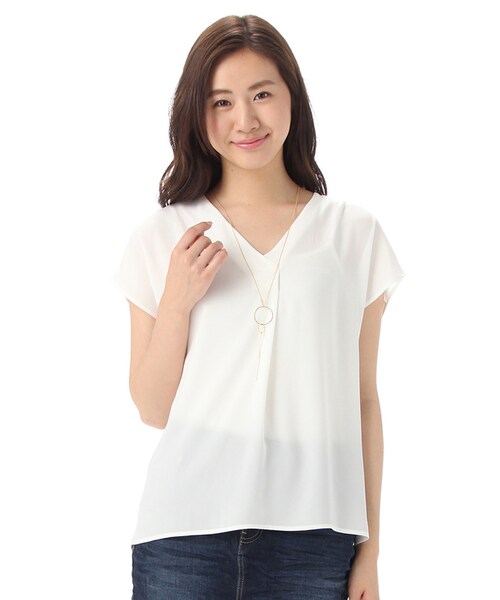 Honeys（ハニーズ）の「Ｖネックフレンチスリーブ（カットソー・Tシャツ・レディース・オフ/コン/レンガ/グリーン/オフストライプ・Ｍ/Ｌ/ＬＬ）」の2枚目の写真