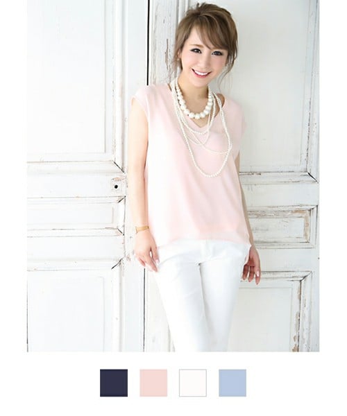 Rocotta by MOERY（ロコッタ）の「Rocotta(ロコッタ) シフォンレイヤードフレンチスリーブトップス（Tシャツ/カットソー・レディース・ホワイト/ネイビー/アイスブルー/スモーキーピンク・FREE）」の3枚目の写真