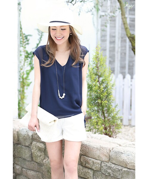 Rocotta by MOERY（ロコッタ）の「Rocotta(ロコッタ) シフォンレイヤードフレンチスリーブトップス（Tシャツ/カットソー・レディース・ホワイト/ネイビー/アイスブルー/スモーキーピンク・FREE）」の9枚目の写真