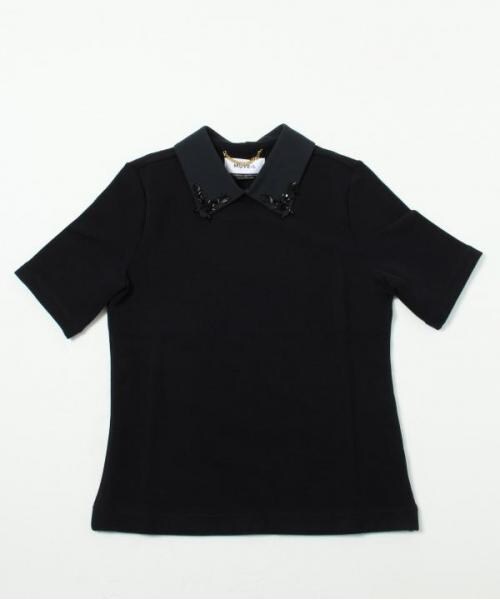 MUVEIL⭐︎ビジュー付Tシャツ MUVEIL（ミュベール）の「ビジュー襟付き ミラノリブTシャツ GRN