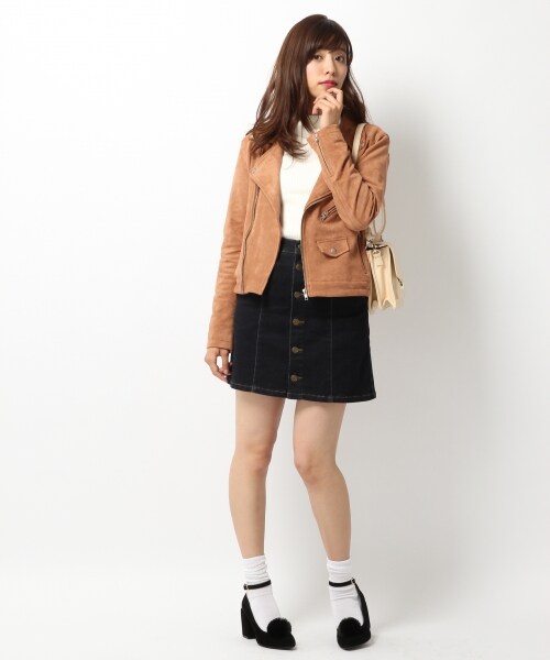 Heather（ヘザー）の「アソートライダースジャケット（ジャケット/アウター・ブラック(フェイクレザー)/ブラウン(フェイクスエード)/ネイビー(デニム)・FREE）」の4枚目の写真