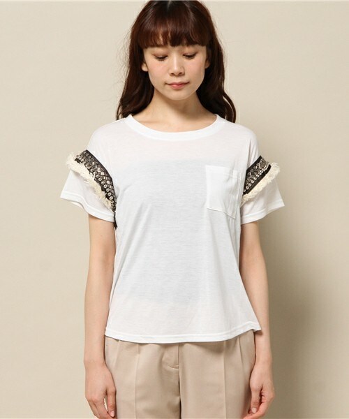 INTERPLANET WINGS(インタープラネットウィング)の「ビジューテープ袖Tシャツ(Tシャツ/カットソー・レディース・オフホワイト/ブラック/カーキ・FREE)」の10枚目の写真