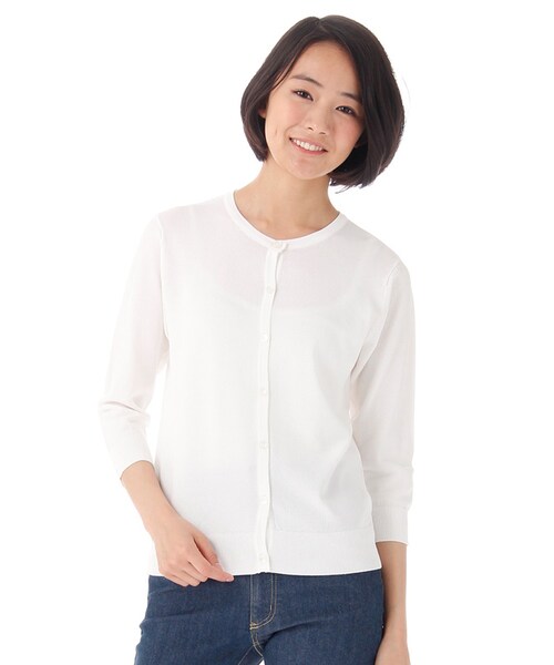 Honeys（ハニーズ）の「ＵＶ７分袖クルーカーデ（カーディガン・レディース・オフ/クロ/コン/アカ/イエロー/グリーン/ブルー/キャメル/オフ×コン・Ｍ/Ｌ/ＬＬ）」の2枚目の写真