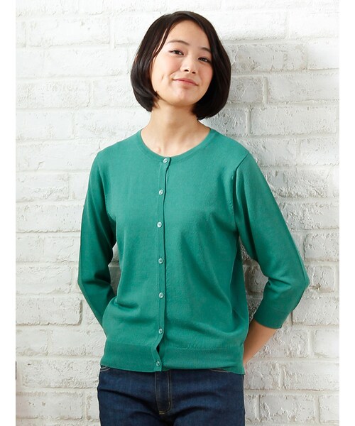 Honeys（ハニーズ）の「ＵＶ７分袖クルーカーデ（カーディガン・レディース・オフ/クロ/コン/アカ/イエロー/グリーン/ブルー/キャメル/オフ×コン・Ｍ/Ｌ/ＬＬ）」の6枚目の写真