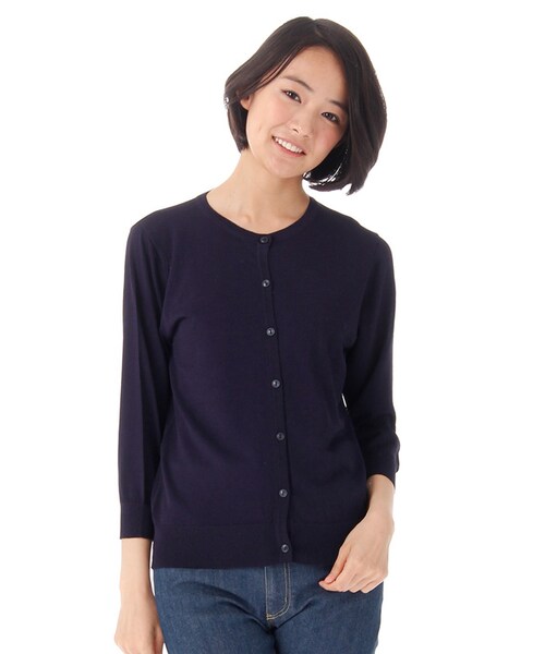 Honeys（ハニーズ）の「ＵＶ７分袖クルーカーデ（カーディガン・レディース・オフ/クロ/コン/アカ/イエロー/グリーン/ブルー/キャメル/オフ×コン・Ｍ/Ｌ/ＬＬ）」の7枚目の写真