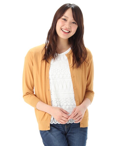 Honeys（ハニーズ）の「ＵＶ７分袖クルーカーデ（カーディガン・レディース・オフ/クロ/コン/アカ/イエロー/グリーン/ブルー/キャメル/オフ×コン・Ｍ/Ｌ/ＬＬ）」の5枚目の写真