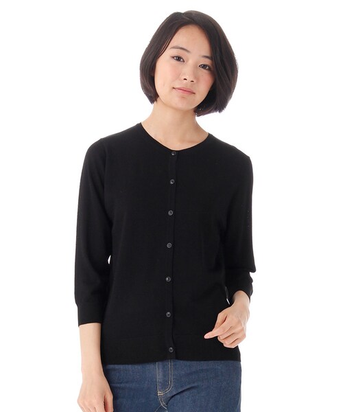 Honeys（ハニーズ）の「ＵＶ７分袖クルーカーデ（カーディガン・レディース・オフ/クロ/コン/アカ/イエロー/グリーン/ブルー/キャメル/オフ×コン・Ｍ/Ｌ/ＬＬ）」の4枚目の写真