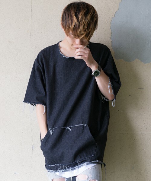 CASPER JOHN AIVER（キャスパージョンアイバー）の「CASPER JOHN AIVER  裾ダメージデニムプルオーバーシャツ（シャツ/ブラウス・メンズ・ブラック系その他/インディゴブルー・FREE）」の3枚目の写真