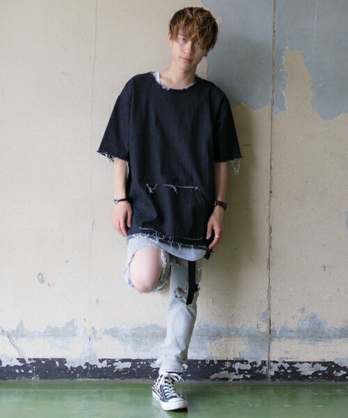 CASPER JOHN AIVER（キャスパージョンアイバー）の「CASPER JOHN AIVER  裾ダメージデニムプルオーバーシャツ（シャツ/ブラウス・メンズ・ブラック系その他/インディゴブルー・FREE）」の5枚目の写真