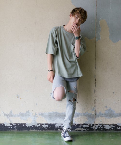 CASPER JOHN AIVER（キャスパージョンアイバー）の「CASPER JOHN AIVER　フェードカラービッグT/ポケット付き（Tシャツ/カットソー・メンズ・ホワイト/ブラック/グレー/ベージュ/カーキ・FREE）」の15枚目の写真