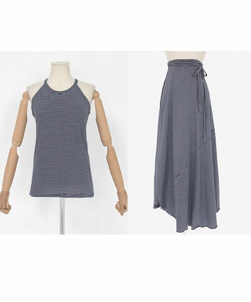 DHOLIC(ディーホリック)の「ボーダーパターンホルターネックスリーブレス&ロングラップスカート(Tシャツ/カットソー・レディース・ネイビー/グリーン/グレー/ホワイト・FREE)」の1枚目の写真