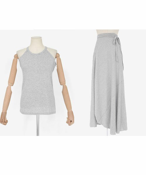 DHOLIC(ディーホリック)の「ボーダーパターンホルターネックスリーブレス&ロングラップスカート(Tシャツ/カットソー・レディース・ネイビー/グリーン/グレー/ホワイト・FREE)」の3枚目の写真