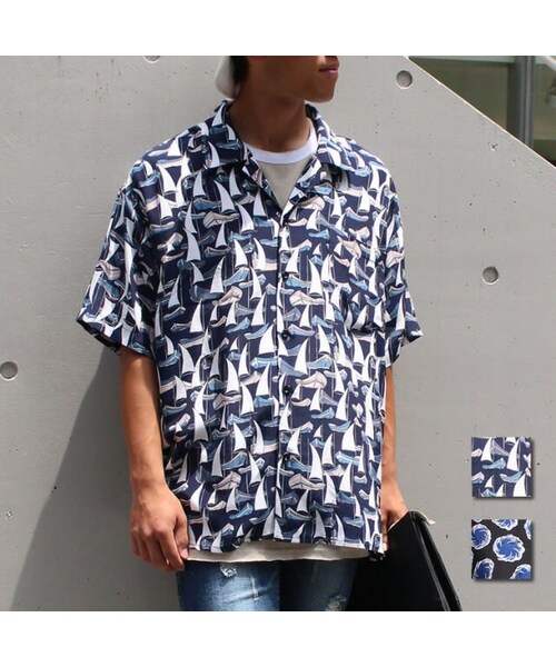 Cuirs(キュイー)の「オリジナル総柄オープンプリントシャツ(Tシャツ/カットソー・メンズ・ヨット柄/丸柄・フリーサイズ)」の1枚目の写真