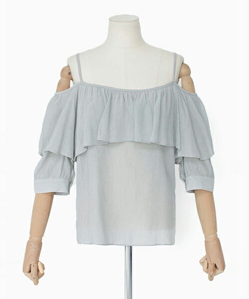 DHOLIC（ディーホリック）の「ラッフルオフショルダーリンクルブラウス（シャツ/ブラウス・レディース・ブラック/アイボリー/カーキグレー/ピンク/ディープスカイブルー・FREE）」の3枚目の写真