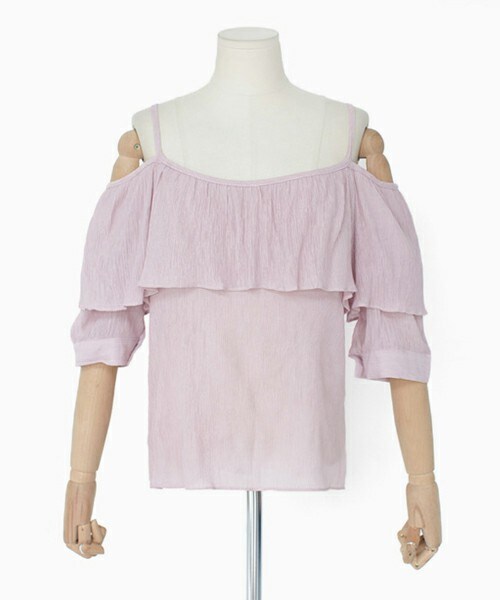 DHOLIC（ディーホリック）の「ラッフルオフショルダーリンクルブラウス（シャツ/ブラウス・レディース・ブラック/アイボリー/カーキグレー/ピンク/ディープスカイブルー・FREE）」の5枚目の写真