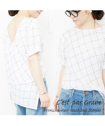C'est pas grave | セパ・グラーヴ　フレンチリネン チェック背中開きブラウス(シャツ/ブラウス)