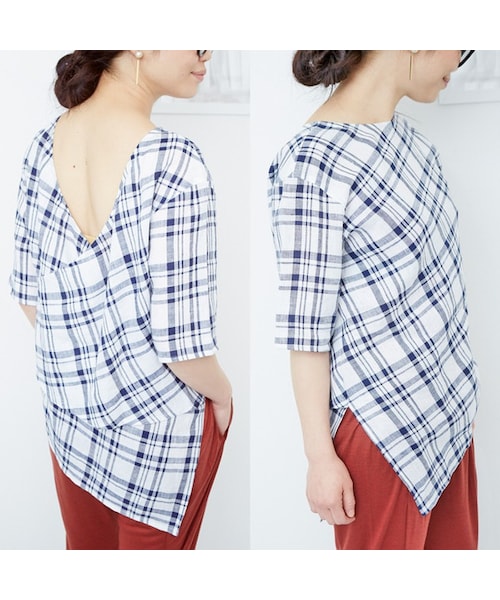 C'est pas grave（セパグラーブ）の「セパ・グラーヴ　フレンチリネン チェック背中開きブラウス（シャツ/ブラウス・レディース・ウインドーペン/タータンチェック・38（M））」の2枚目の写真