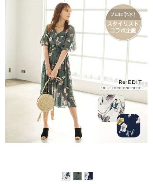 Rene ルネ 花柄シフォンワンピース ネイビー 34 M ノースリーブ フリル ルネ 【Rene 未34 使用級】Rene ルネ 花柄シフォンワンピース ネイビー