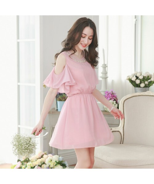 Yoco ヨーコー の 領口網紗綴珠露肩雪紡洋裝 ワンピース ドレス Wear