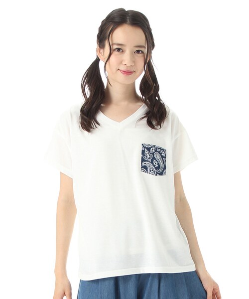 Honeys（ハニーズ）の「ポケット付Ｔシャツ（カットソー・Tシャツ・レディース・オフ/クロ/カーキ/オフ×コン/オフボーダー・Ｍ/Ｌ）」の2枚目の写真