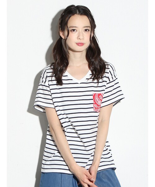 Honeys（ハニーズ）の「ポケット付Ｔシャツ（カットソー・Tシャツ・レディース・オフ/クロ/カーキ/オフ×コン/オフボーダー・Ｍ/Ｌ）」の3枚目の写真