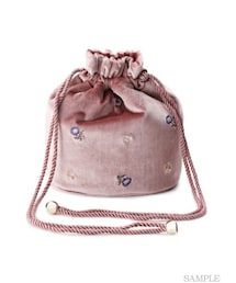 ロラライハリス♡カーキブラウンベロア♡刺繍のワンハンドル巾着バッグ♡ ロラライハリス♡カーキブラウンベロア♡刺繍のワンハンドル巾着
